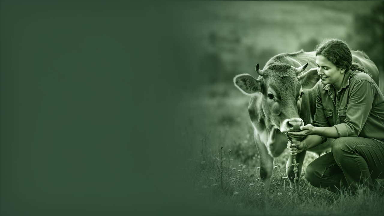 Woman and calf in a field